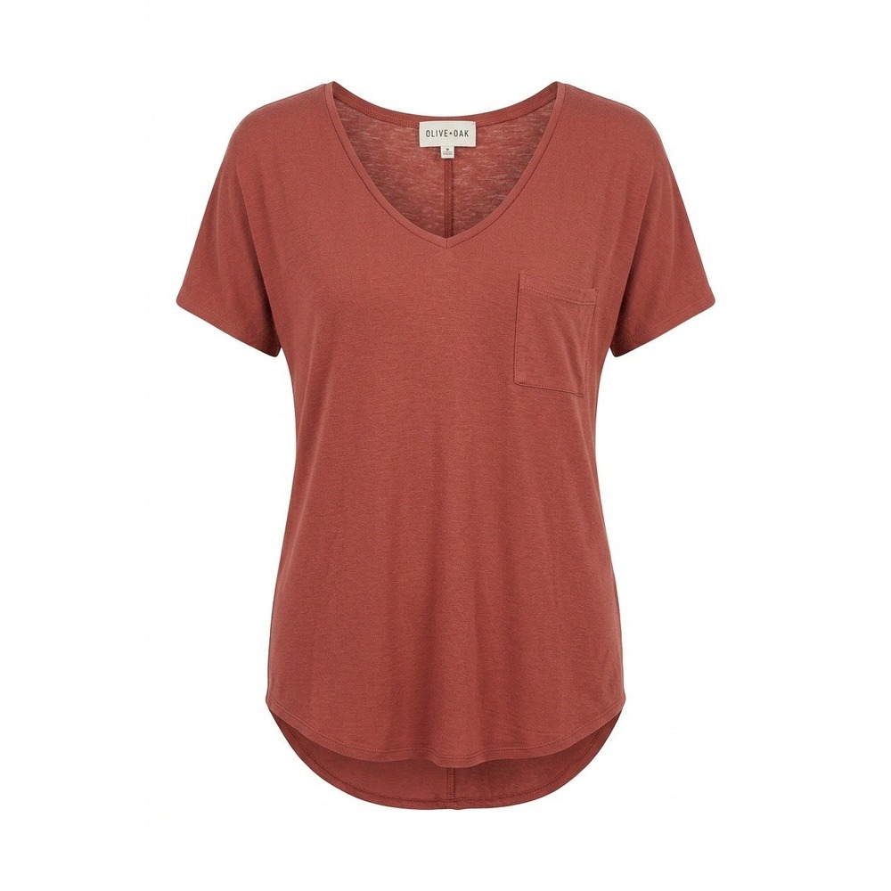 Olive + Oak Womens V-Neck Pocket Tee Rose Terracotta High Low Hem Size Medium